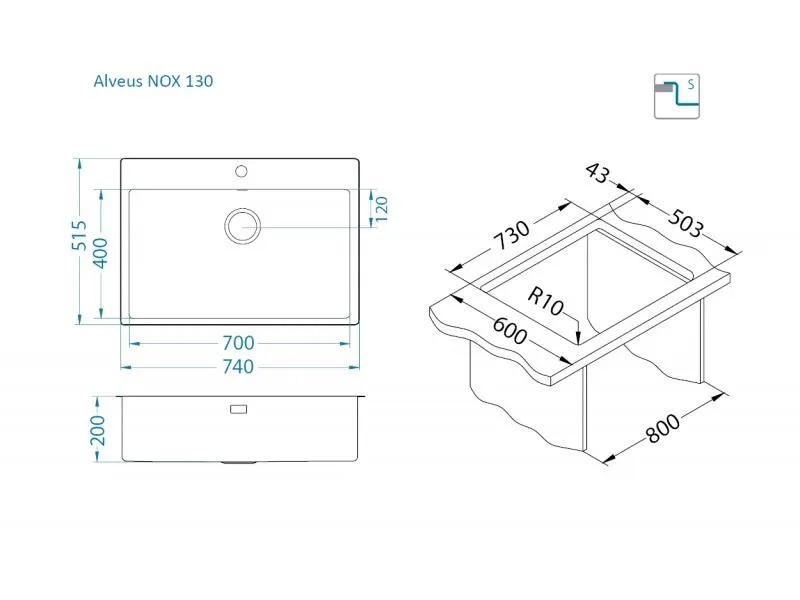 Мойка для кухни NOX 130 BRS 740x515x200 в комплекте с интегрированным сифоном (1149938)