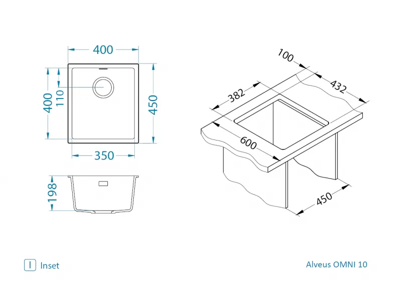 Мойка для кухни ALVEUS OMNI 10 GRANITAL ARCTIC-G11  400x450x198 с сифоном 1145083 (1150037)