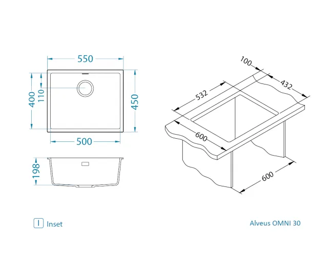 Мойка для кухни OMNI 30 GRANITAL DEEP BLACK-G90 BE 500x450x198 с сифоном(1150057)