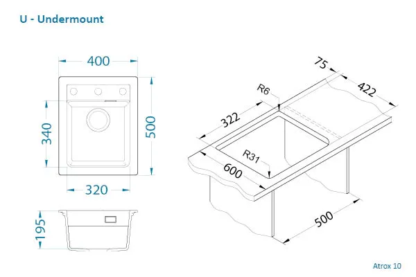 Мойка ALVEUS GRANITAL ATROX 10 CARBON - G91 400 X 500 в комплекте с сифоном 1132823 (1139771)