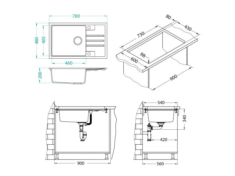 Мойка INTERMEZZO 130 GRANITAL CARBON - G91 780X480X200 1X в компл.с сифоном 111729,