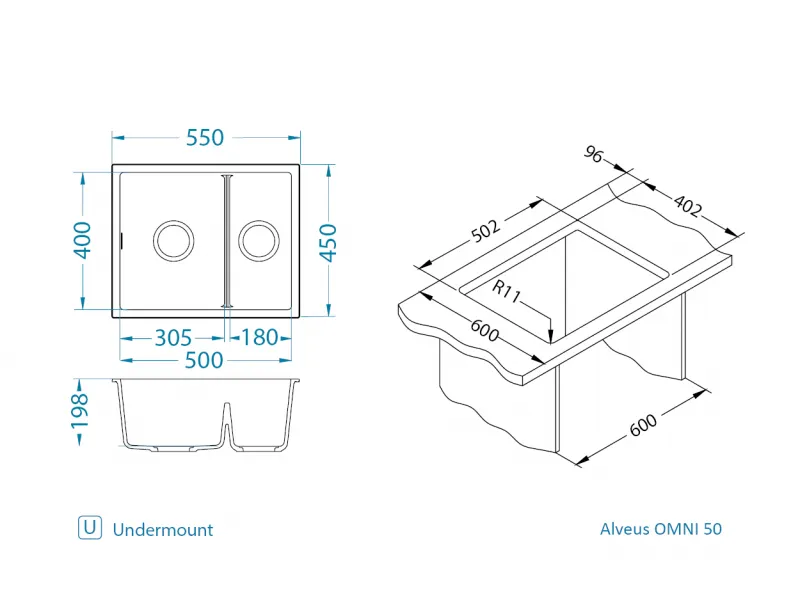 Мойка для кухни OMNI 50 GRANITAL ARCTIC-G11  550x450x198 с сифоном(1150065)