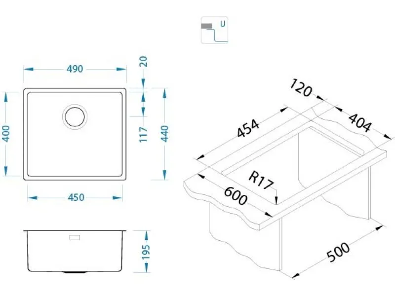 Мойка KOMBINO 40 SAT-90 450X400X195  в комплекте с сифоном 1130550 (1100236)