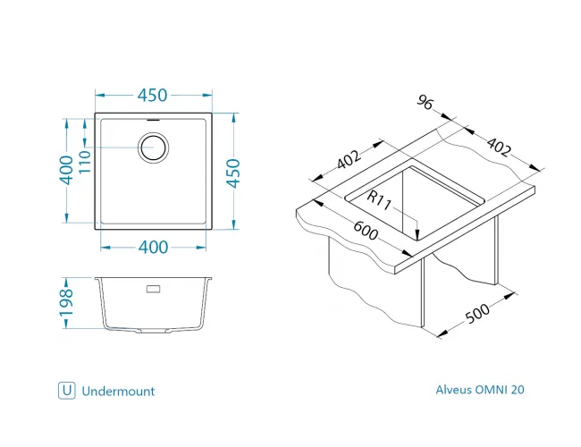 Мойка для кухни OMNI 20 GRANITAL DEEP BLACK-G90 BE 450x450x198 с сифоном(1150050)