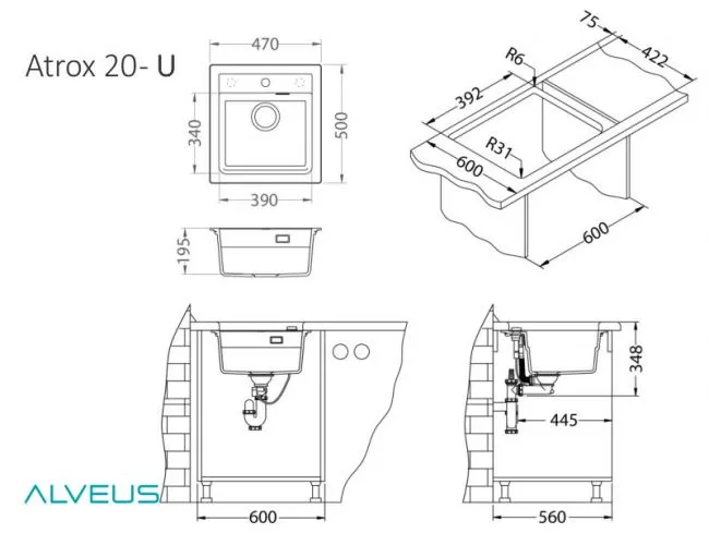 Мойка ALVEUS GRANITAL ATROX 20 CONCRETE - G81 470 X  500  1X в комплекте с сифоном 1132823 (1131989)