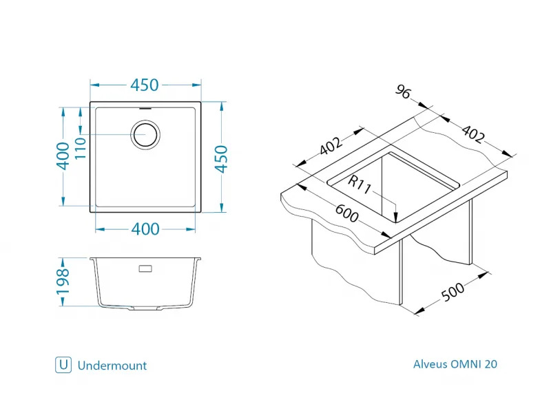 Мойка для кухни OMNI 20 GRANITAL ARCTIC-G11  450x450x198 с сифоном(1150044)