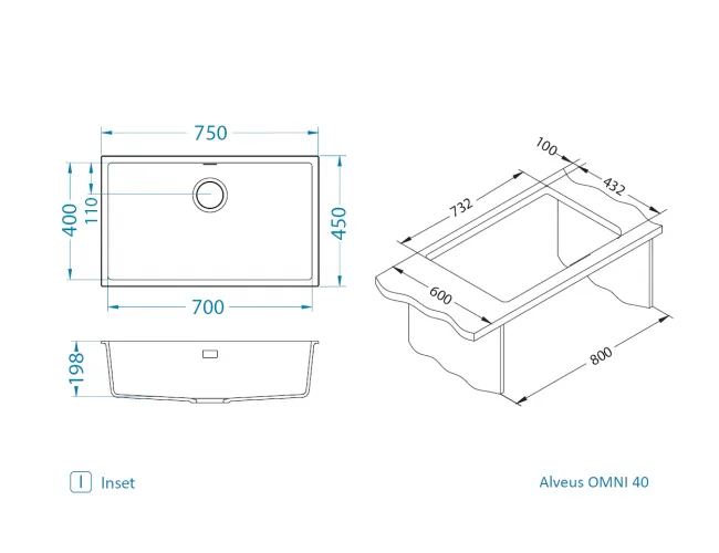 Мойка для кухни OMNI 40 GRANITAL ARCTIC-G11  750x450x198 с сифоном(1150058)