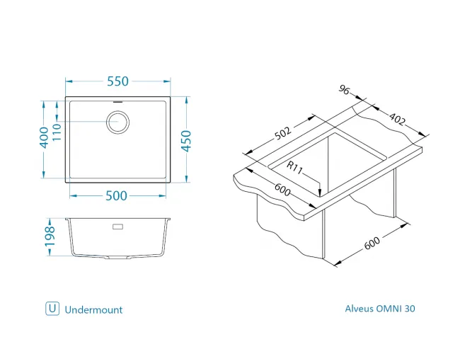 Мойка для кухни OMNI 30 GRANITAL DEEP BLACK-G90 BE 500x450x198 с сифоном(1150057)