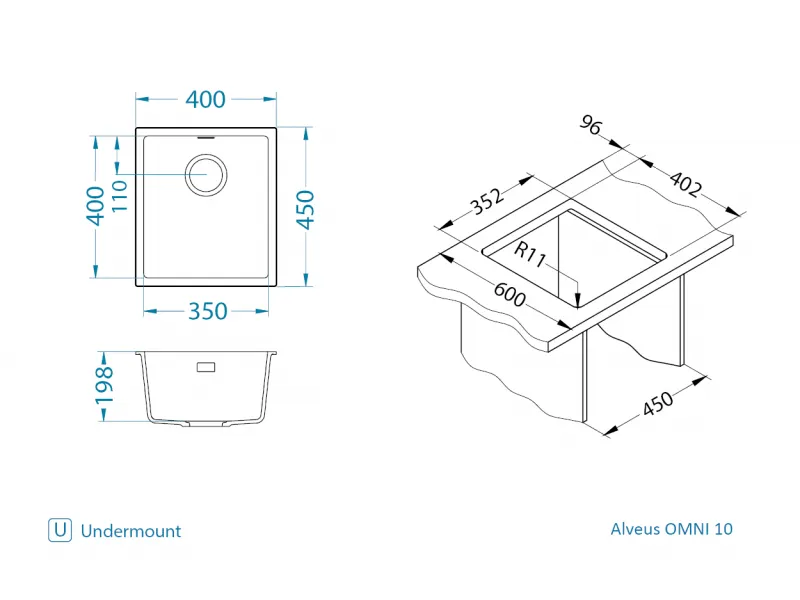 Мойка для кухни ALVEUS OMNI 10 GRANITAL ARCTIC-G11  400x450x198 с сифоном 1145083 (1150037)