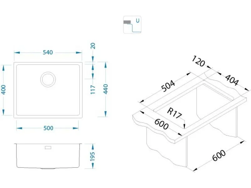 Мойка KOMBINO 50 MONARCH BRONZE SAT-90 542X442X195 U  в компл. с выпуском без сифона (1122674)