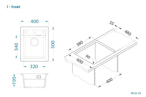 Мойка ALVEUS GRANITAL ATROX 10 CARBON - G91 400 X 500 в комплекте с сифоном 1132823 (1139771)