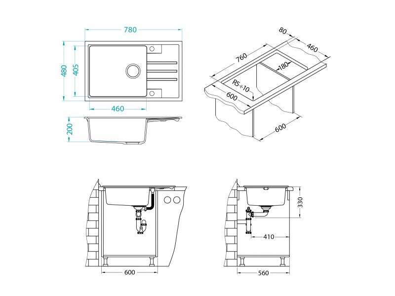 Мойка INTERMEZZO 130 GRANITAL CARBON - G91 780X480X200 1X в компл.с сифоном 111729,
