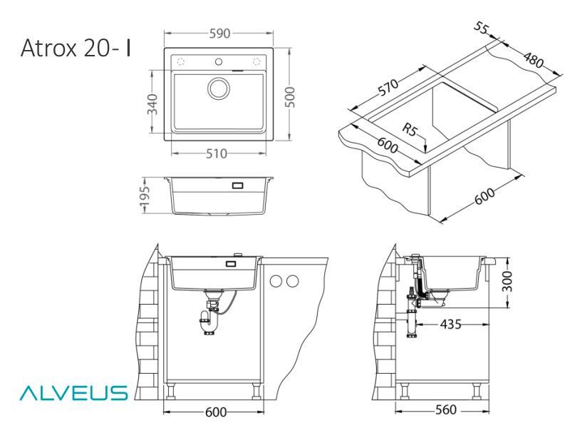 Мойка ALVEUS GRANITAL ATROX 30 CONCRETE - G81 590 X  500  1X в комплекте с сифоном 1132823 (1131995)