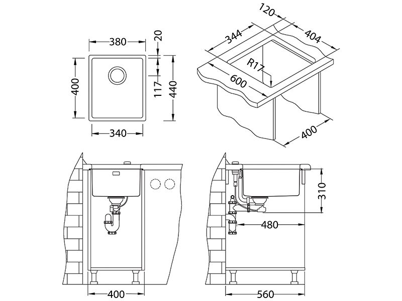 Мойка KOMBINO 20 SAT-90 340X400X195 в комплекте с сифоном 1130550 (1100234)