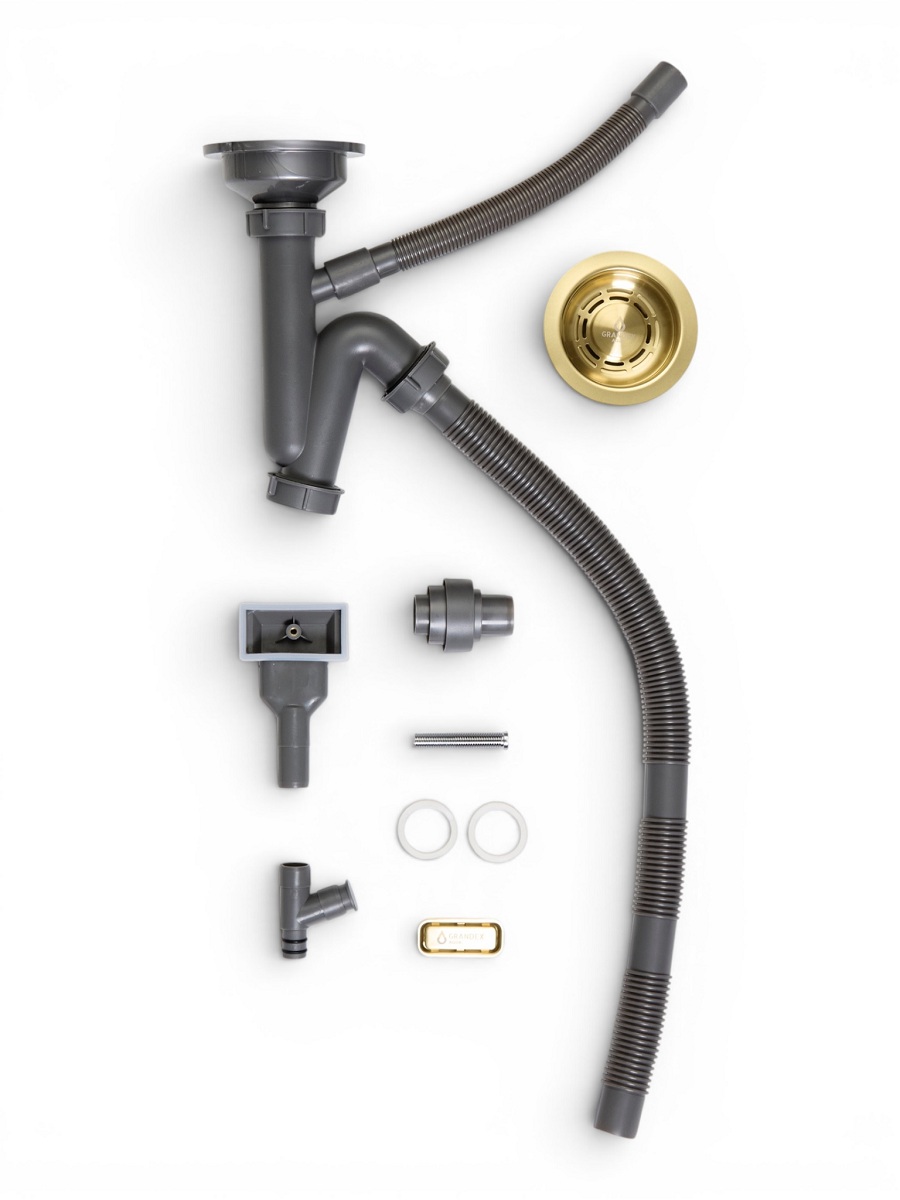 Сифон Grandex Aqua Optima, Comfort с выпуском и переливом, цвет Gold