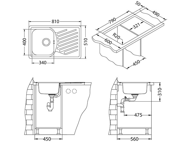 Мойка ELEGANT 30 SAT 90 FI 810X510 в комплекте с сифоном 1130551,